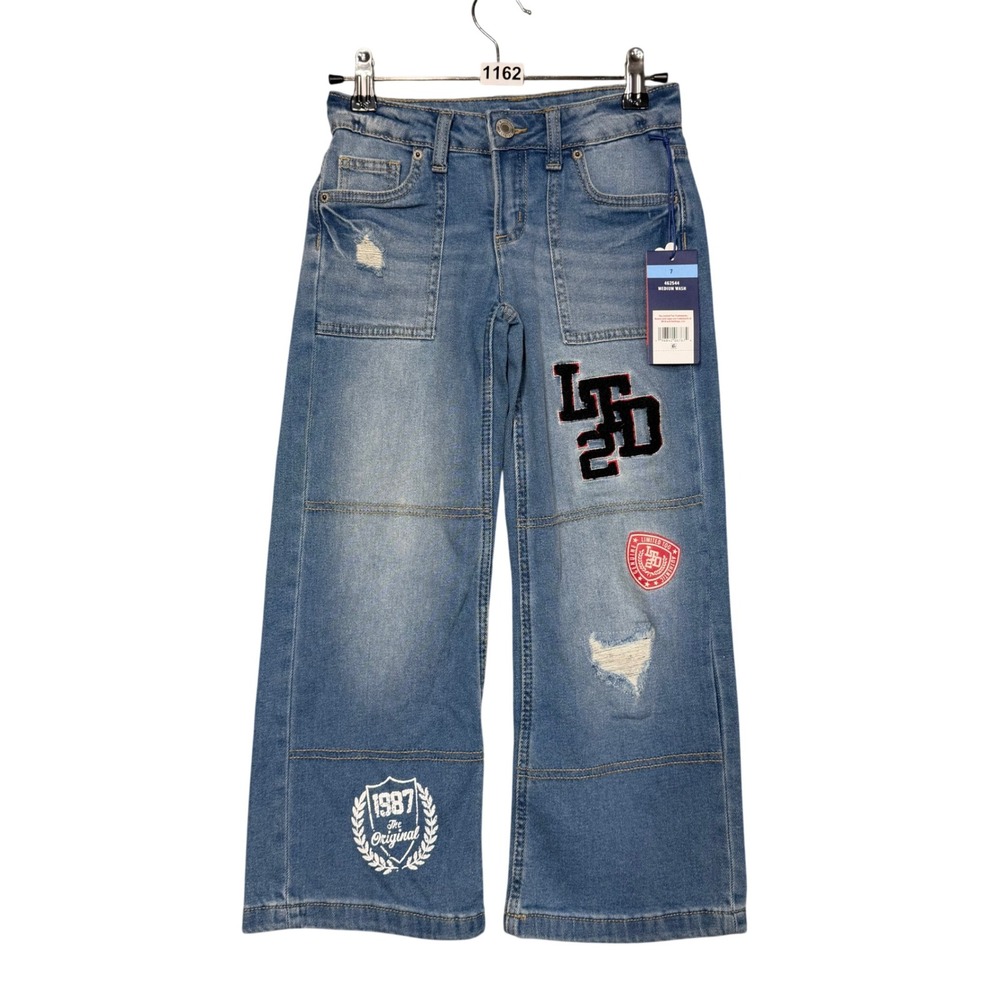 Limited Too Wide Leg Jeans Kids Size 7 Blue Medium Wash Distressed Patch Denim